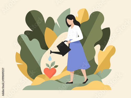 Woman Nurturing a Heart Shaped Plant Vector Illustration - Self Care, Mental Health, Growth, and Love Concept