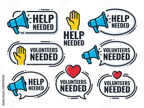 Volunteers Needed and Help Needed Icon Set for Charity and Recruitment
