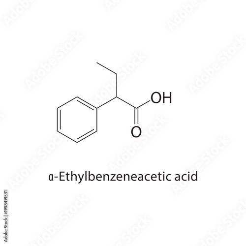 α-Ethylbenzeneacetic acid skeletal structure. carboxylic acid compound schematic illustration. Simple diagram, chemical formula.