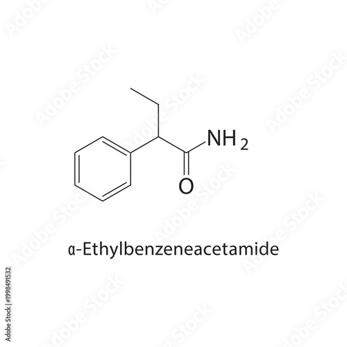 α-Ethylbenzeneacetamide skeletal structure. amide compound schematic illustration. Simple diagram, chemical formula.