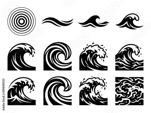 Collection of Abstract Ocean Wave Symbols and Sea Water Icons in Black and White Minimalist Style for Logo Design and Graphic Elements