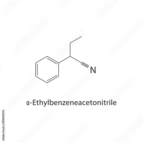α-Ethylbenzeneacetonitrile skeletal structure. nitrile compound schematic illustration. Simple diagram, chemical formula.