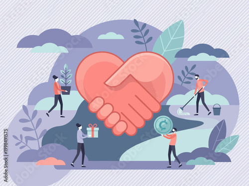 Community Support and Social Responsibility Concept with Volunteers, Charity Donations, and Heart Shaped Handshake
