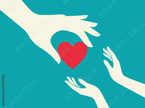 Heart Donation and Charity Concept Illustration with Hands Sharing Love, Support, and Kindness on Teal Background