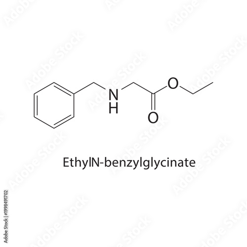 Ethyl N-benzylglycinate skeletal structure. amino ester compound schematic illustration. Simple diagram, chemical formula.