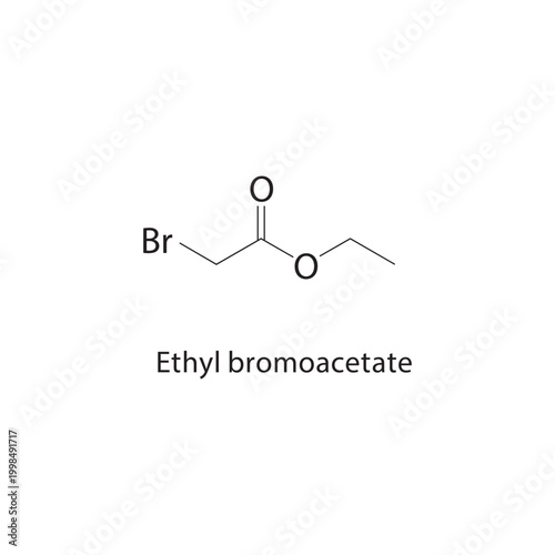 Ethyl bromoacetate skeletal structure. halogenated ester compound schematic illustration. Simple diagram, chemical formula.