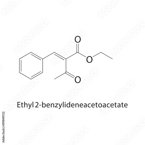 Ethyl 2-benzylideneacetoacetate skeletal structure. keto ester compound schematic illustration. Simple diagram, chemical formula.