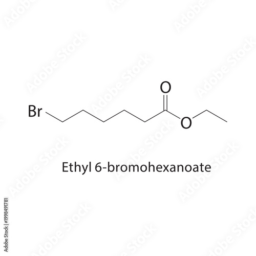 Ethyl 6-bromohexanoate skeletal structure. halogenated ester compound schematic illustration. Simple diagram, chemical formula.
