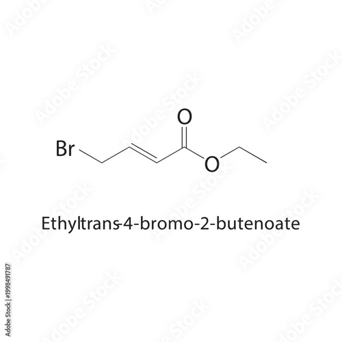 Ethyl trans-4-bromo-2-butenoate skeletal structure. halogenated ester compound schematic illustration. Simple diagram, chemical formula.