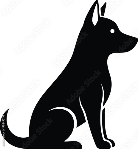 Black silhouette of a german shepherd dog sitting and facing right isolated on transparent background