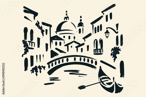 Venice canal with gondola bold sketch vector illustration