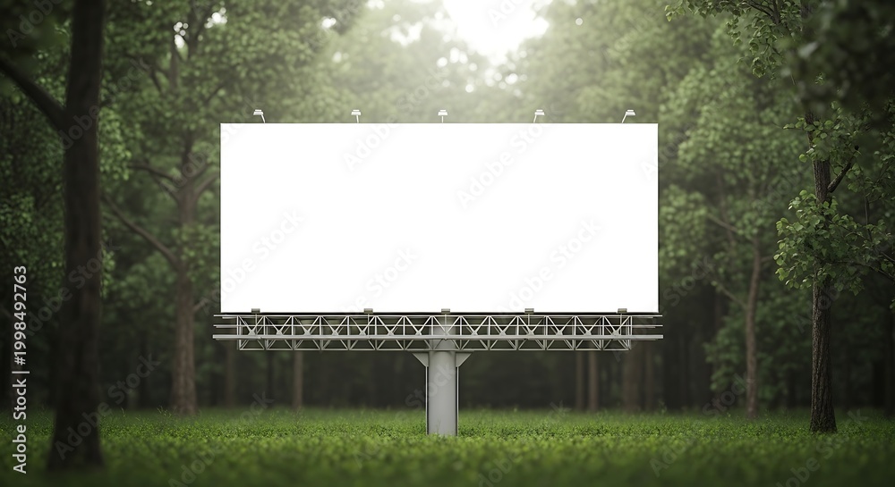 Fototapeta premium A large, blank white billboard stands in a lush green forest clearing, surrounded by trees and grass.
