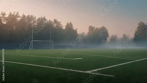 Misty football field at dawn representing sport as a bridge for peace and understanding.
