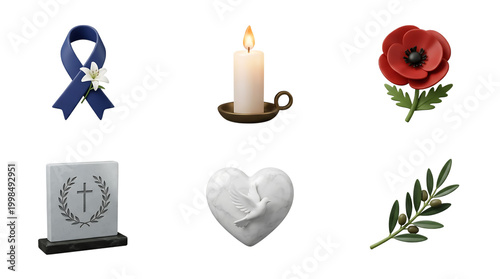 Memorial symbols set including awareness ribbon candle poppy flower gravestone marble heart with dove and olive branch icons png set