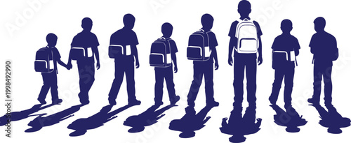 Blue silhouettes of children with backpacks walking in a row.