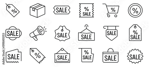 Shopping and discount icons sale symbols coupon design price tag megaphone shopping cart black vector set retail promotion marketing tools clean flat style.