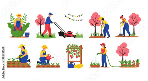 Garden, gardening, lawn care icons, 8 colorful flat illustrations, people working, yard maintenance