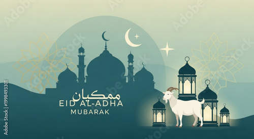 Eid al-Adha Mubarak illustration with mosque goat and lanterns a festive Islamic greeting for the Festival of Sacrifice vector art