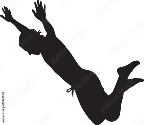 Black silhouette of person jumping in air with arms raised isolated on white