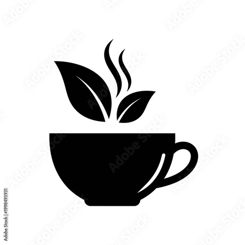 Elegant black tea cup with leaves and steam, perfect for relaxation and enjoyment.