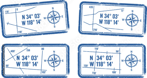 Vintage grunge stamp collection nautical coordinates compass rose design