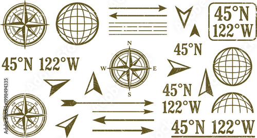 Vintage navigation grunge stamp set compass rose arrows and coordinates