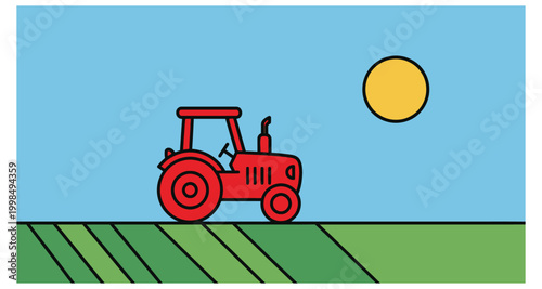 A simple illustration depicts a red tractor driving across green farmland under a yellow sun