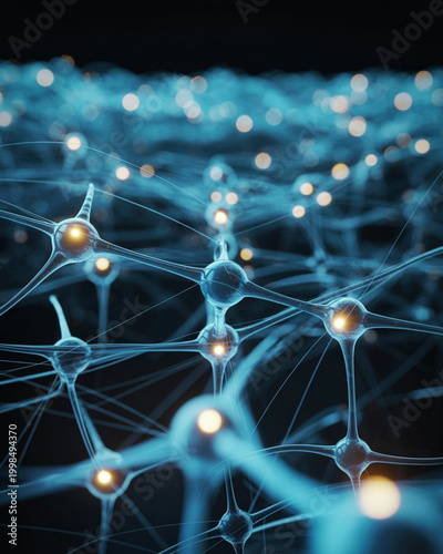 Abstract neural network and glowing lights representing concept of brain activity and connections.