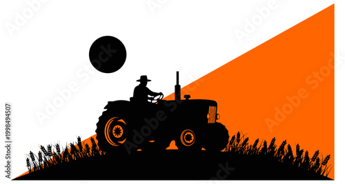 A silhouetted farmer operates a tractor against a vibrant sunset landscape