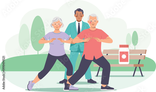 elderly couple exercising with instructor vector illustration