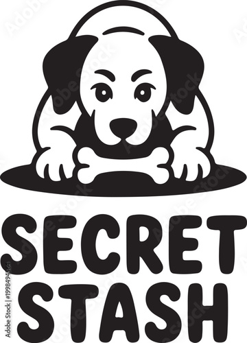 Black and white vector illustration of a dog with a bone and text