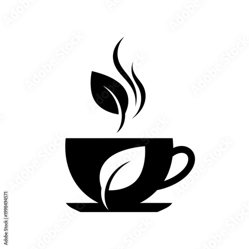 Elegant black tea cup with steam and leaf design, perfect for relaxation and wellness.