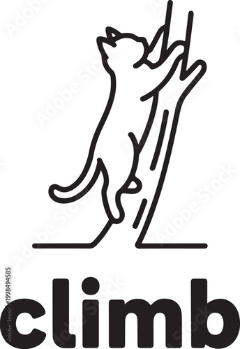 Black cat climbing tree trunk with word climb animal