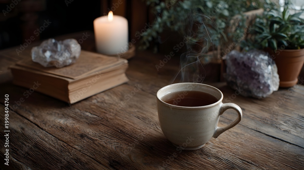 Fototapeta premium Warm steam rises from a beverage cup placed on a rustic wooden table surrounded by crystals and potted plants