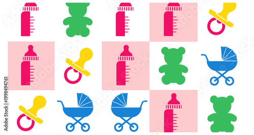 A colorful pattern featuring baby items like bottles teddy bears and strollers