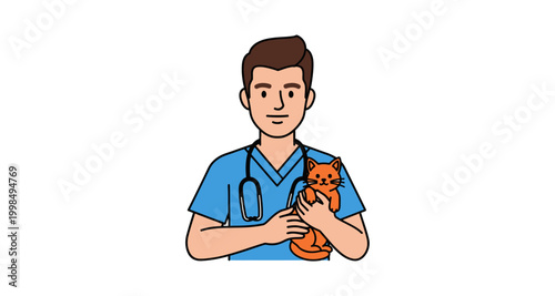 A smiling veterinarian gently holds a bright orange tabby cat in his arms