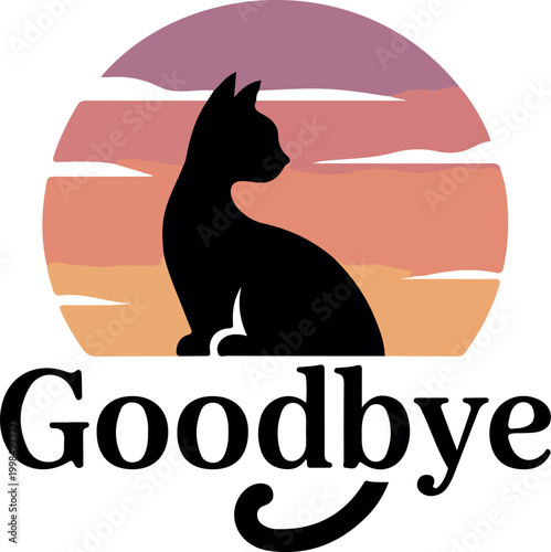 Black cat silhouette against sunset stripes and goodbye text