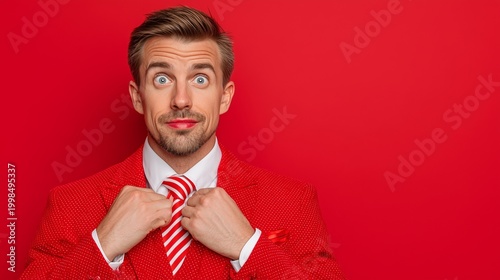 Man in Red Suit Adjusting Tie with Lipstick Marks on Lips Expressing Surprise in Studio Setting for Valentines Day Campaign