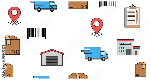 A colorful pattern depicting delivery vehicles packages and location markers