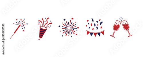 Set of festive celebration icons, sparkler, party popper, firework, confetti and champagne glasses, vector illustration
