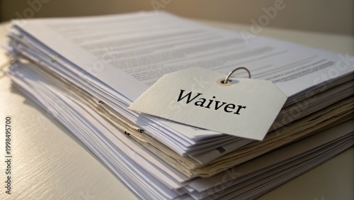 Stacked Papers with Waiver Tag Concept in Office Setting