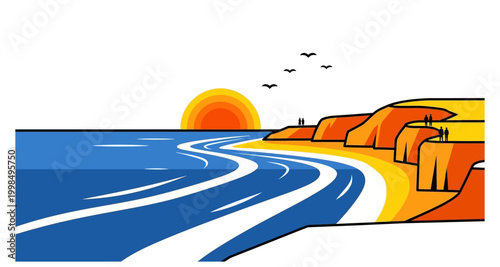 Stylized illustration of a coastal landscape with cliffs ocean waves and a sunset
