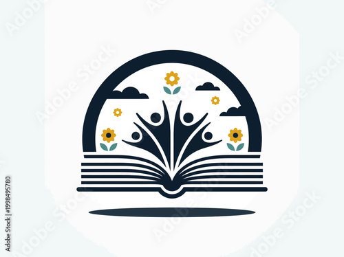 Open Book Concept Illustration with People Figures Emerging and Growing Toward Flowers for Education and Personal Development