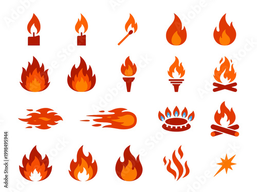 Fire and Flame Vector Icon Set: Candles, Matches, Torches, Bonfires, and Gas Burner Elements for Graphic Design and UI