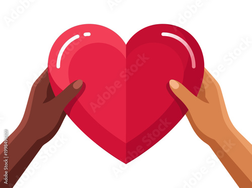 Hands of Different Skin Tones Holding a Large Red Heart Symbol for Love, Unity, Diversity, and Support Concept - Flat Vector Illustration