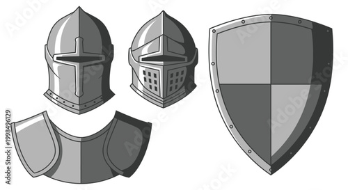 Medieval knight armor helmet shield.