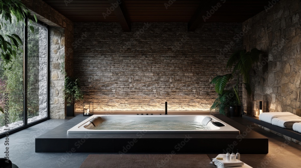 Fototapeta premium Modern hot tub in a rustic stone spa