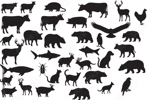 black silhouettes of various wild and domestic animals