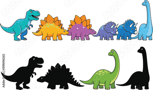 colorful cartoon dinosaurs and their silhouettes standing in a row