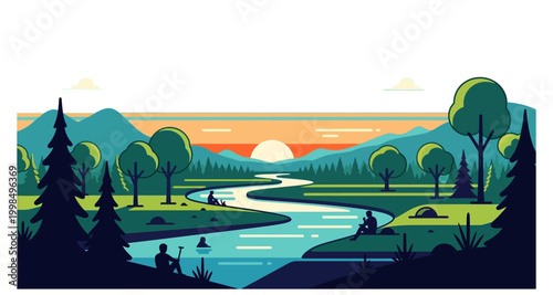 A serene landscape depicts a winding river through a peaceful stylized natural setting